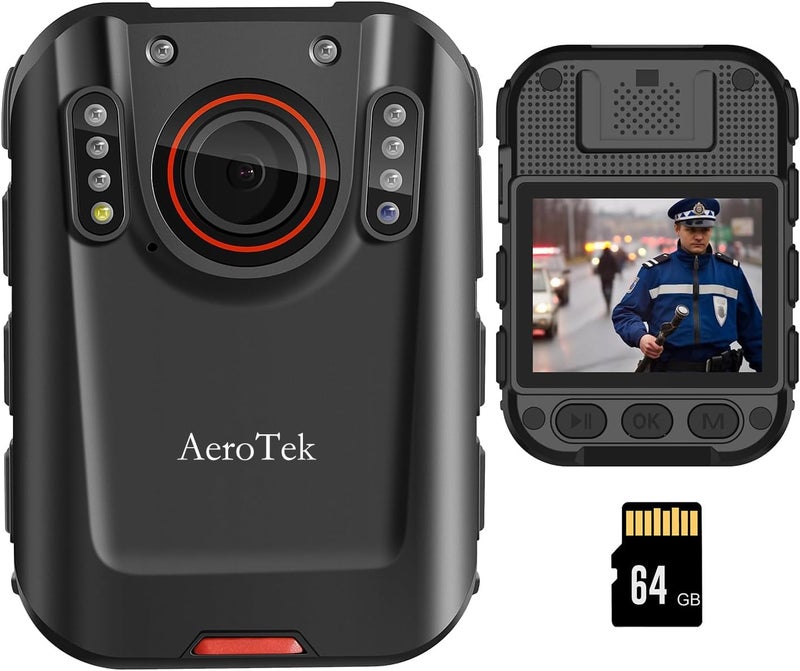 AeroTek 2K Body Camera, Police Body Cam with 64GB Video Recording and Ultra Infrared Night Vision, Body Worn Camera for Law Enforcement Recorder - Image 1